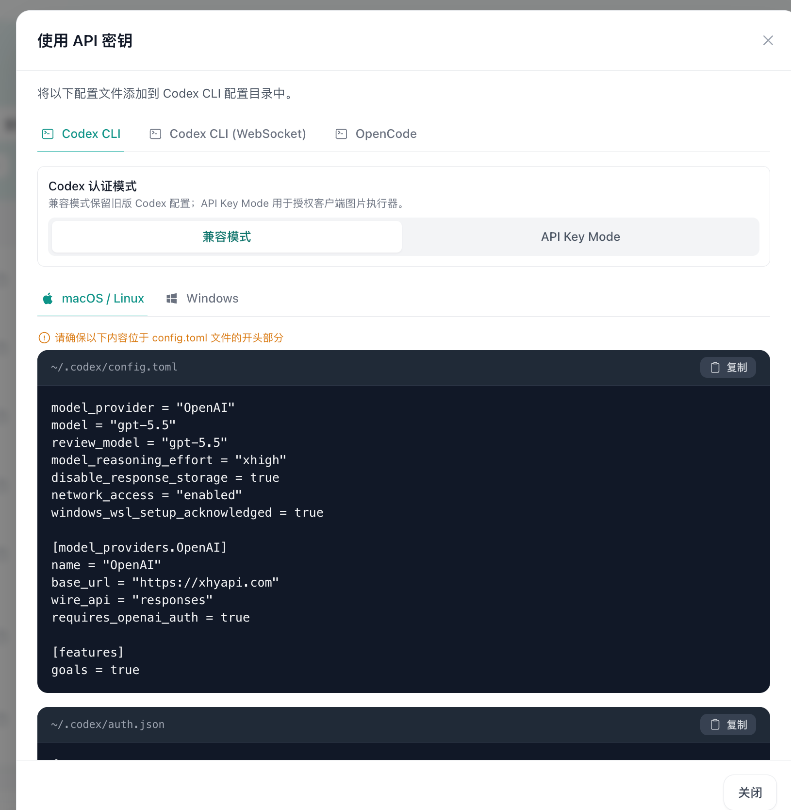 “使用密钥”弹窗中的 Codex CLI 配置